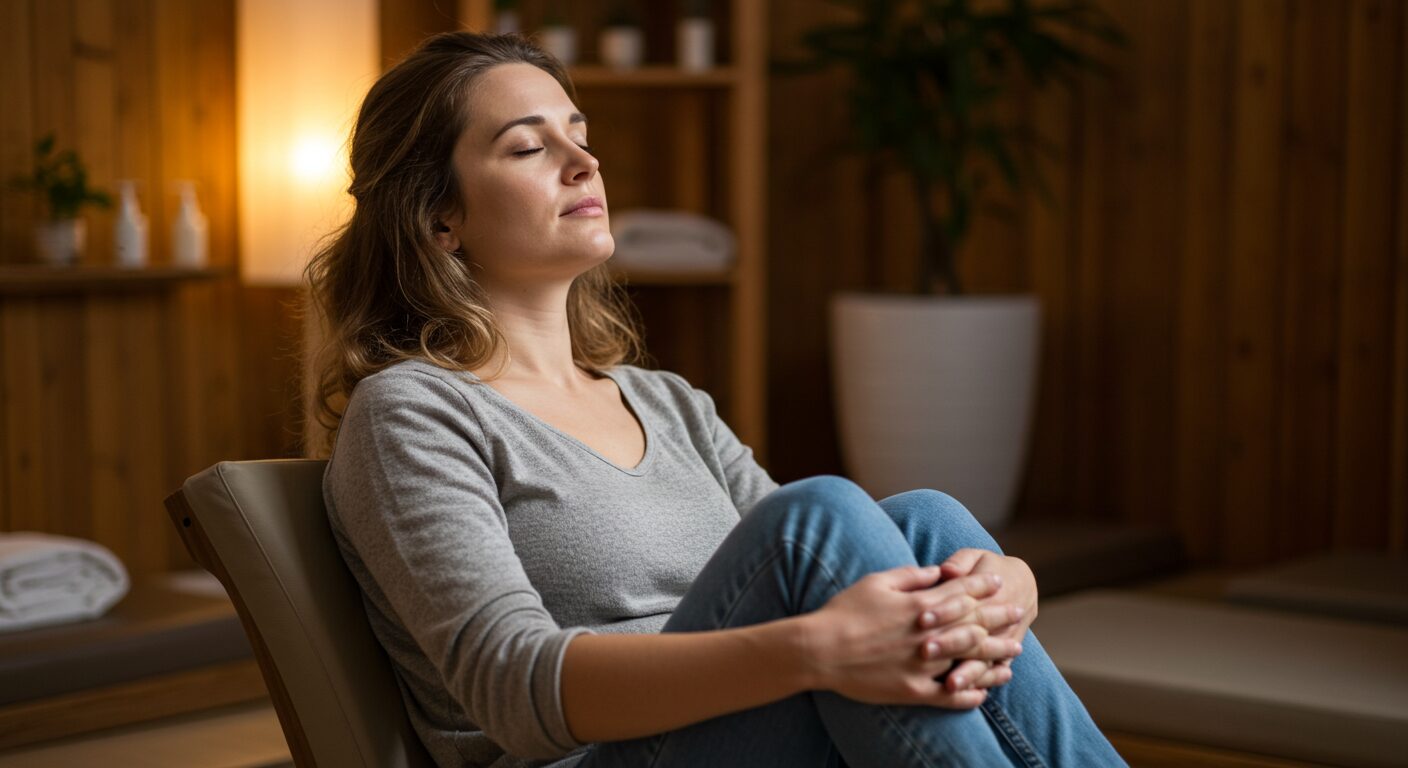 疲れた女性が膝を抱えて座る